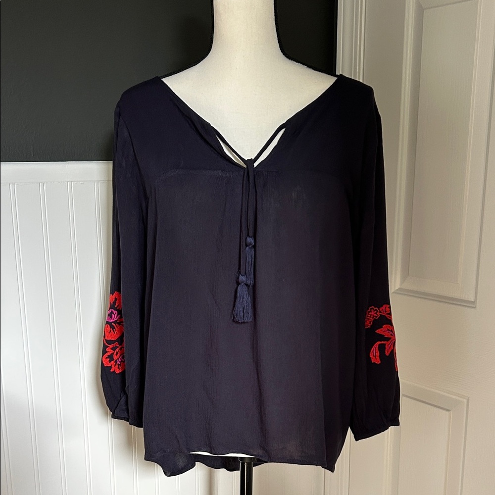 Navy Blue Peasant Blouse